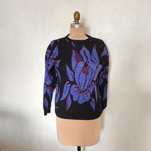 Vintage 80s Fallani Petites Sweater Floral Black  Purple Pink Metallic Small